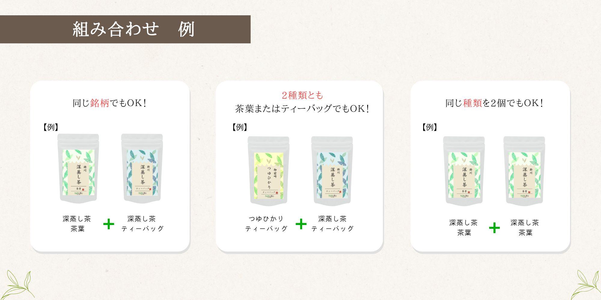 お茶の定期便サービスの組み合わせ例。4種類から2種類を自由に選べる